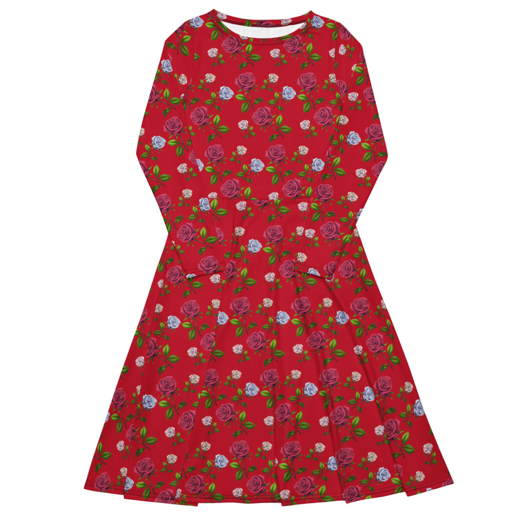 FOR SALE: Roses All-Over Print Long Sleeve Midi Dress in Red